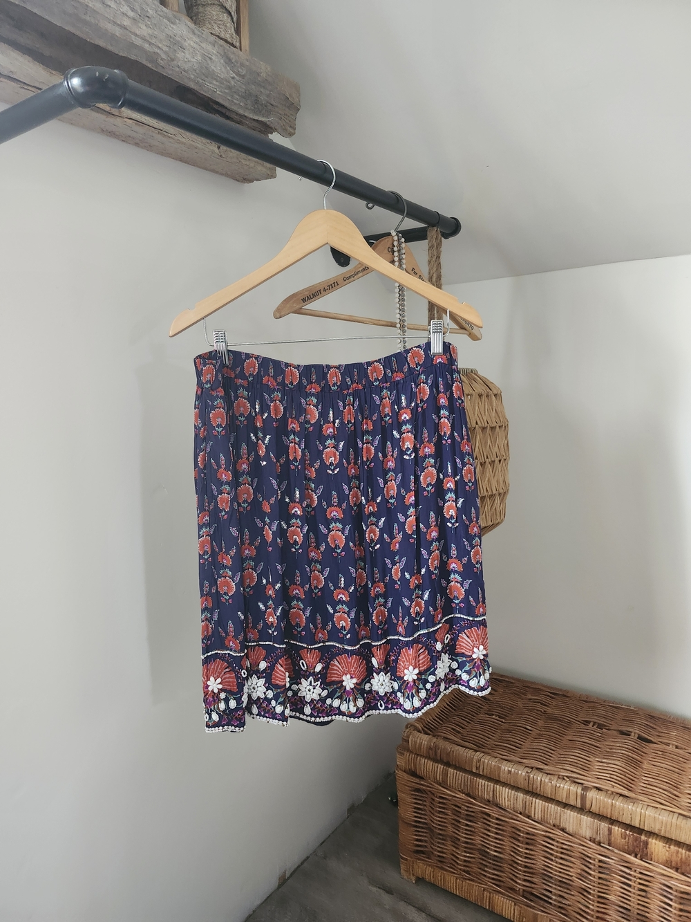 Anthropologie Navy Skirt with Red & White Floral Print